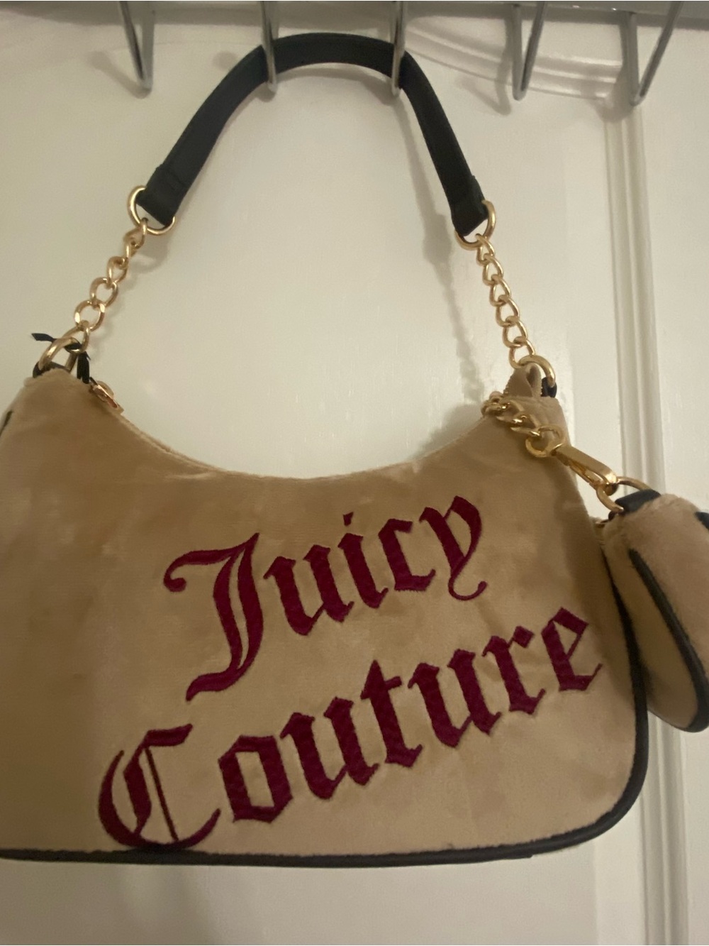Juicy Couture Tan Velvet Shoulder Bag with Burgundy Script and Gold Chain